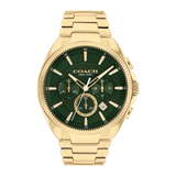 A Coach New York men's watch featuring a gold-tone stainless steel case and link bracelet with a textured dark green dial, gold-tone subdials, and gold-tone hour markers.