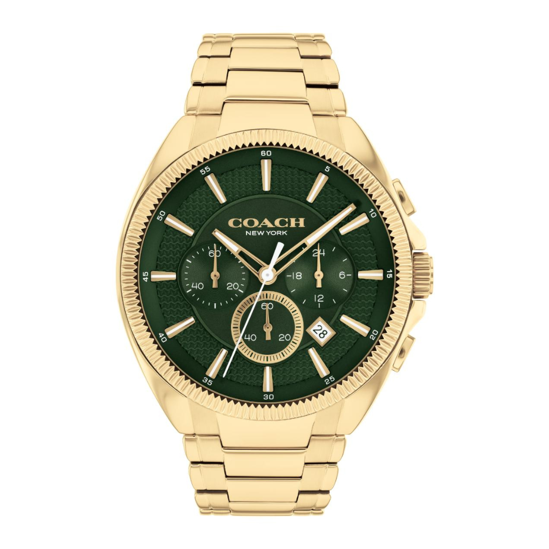A Coach New York men's watch featuring a gold-tone stainless steel case and link bracelet with a textured dark green dial, gold-tone subdials, and gold-tone hour markers.