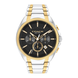 A Coach New York men's two-tone stainless steel and gold chronograph watch with a black dial, featuring a textured black face, gold-tone bezel, and matching gold and silver link bracelet.