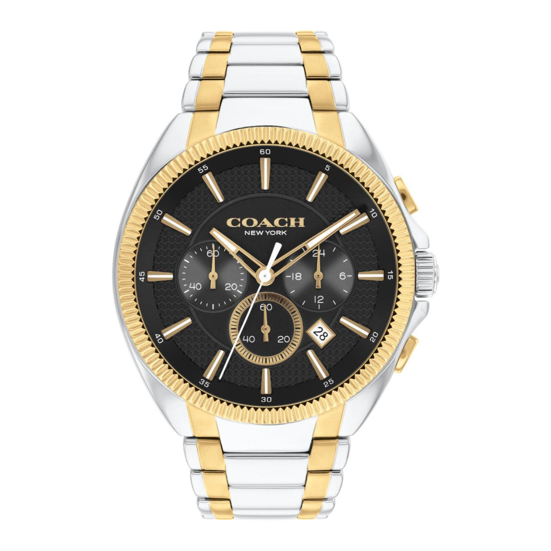 A Coach New York men's two-tone stainless steel and gold chronograph watch with a black dial, featuring a textured black face, gold-tone bezel, and matching gold and silver link bracelet.