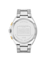 The back of a Coach stainless steel wristwatch with a matching metal link bracelet, featuring gold-tone pushers on the side and engraved text on the case.
