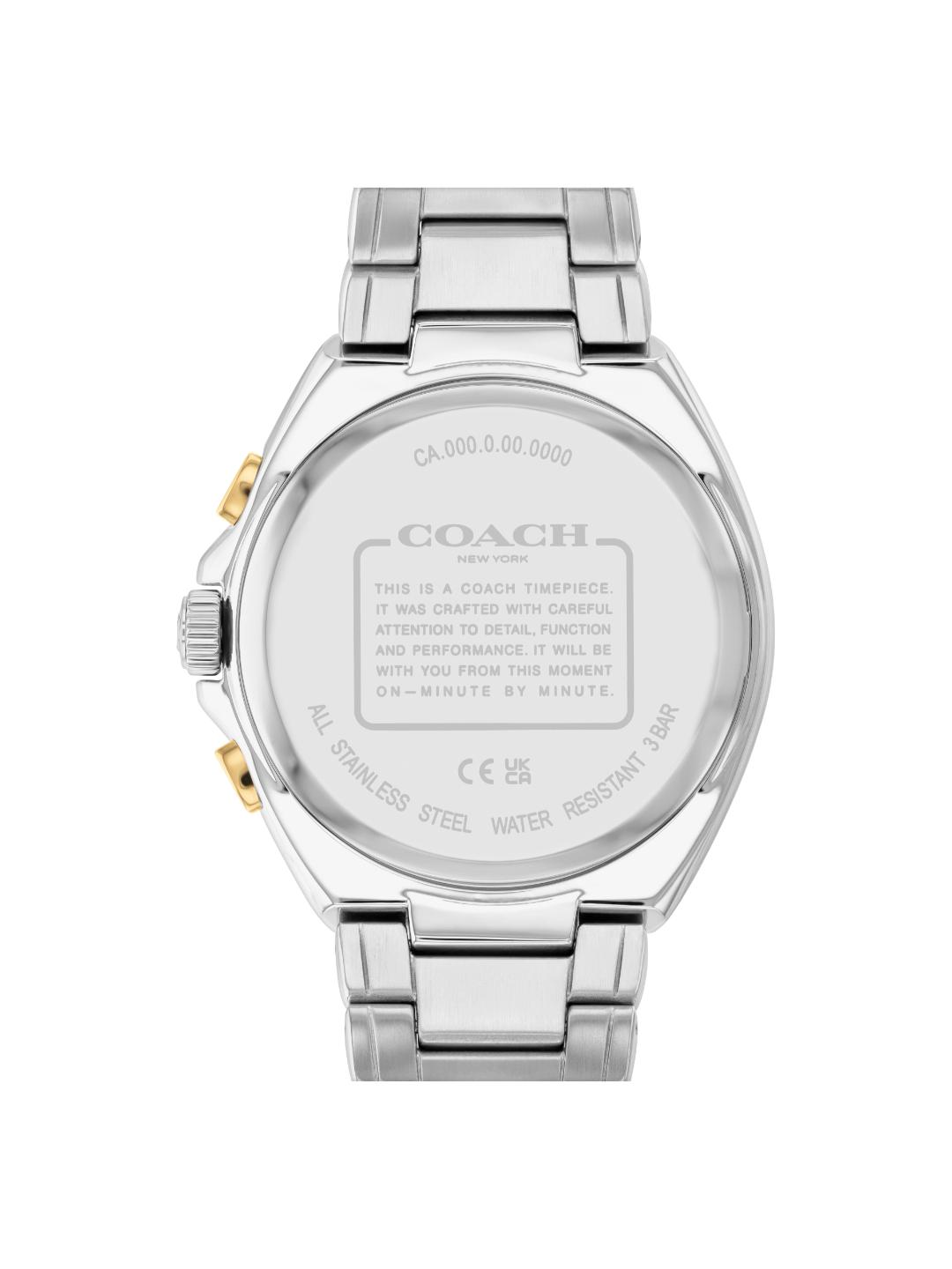 The back of a Coach stainless steel wristwatch with a matching metal link bracelet, featuring gold-tone pushers on the side and engraved text on the case.