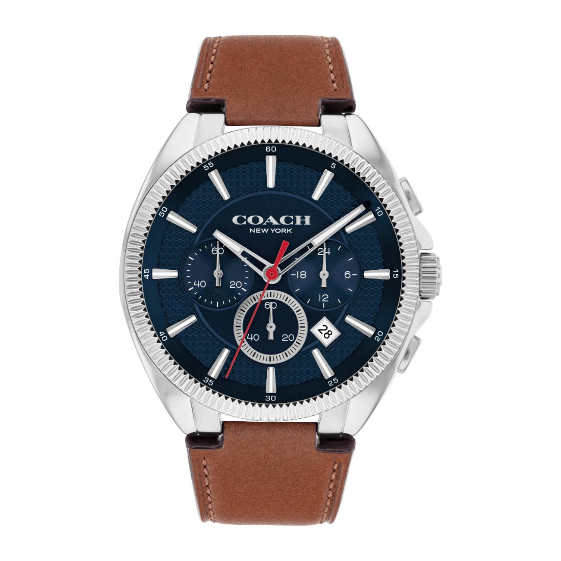 A Coach men's analog watch with a silver-tone stainless steel case, a dark blue textured dial with three subdials and a red second hand, and a brown leather strap.