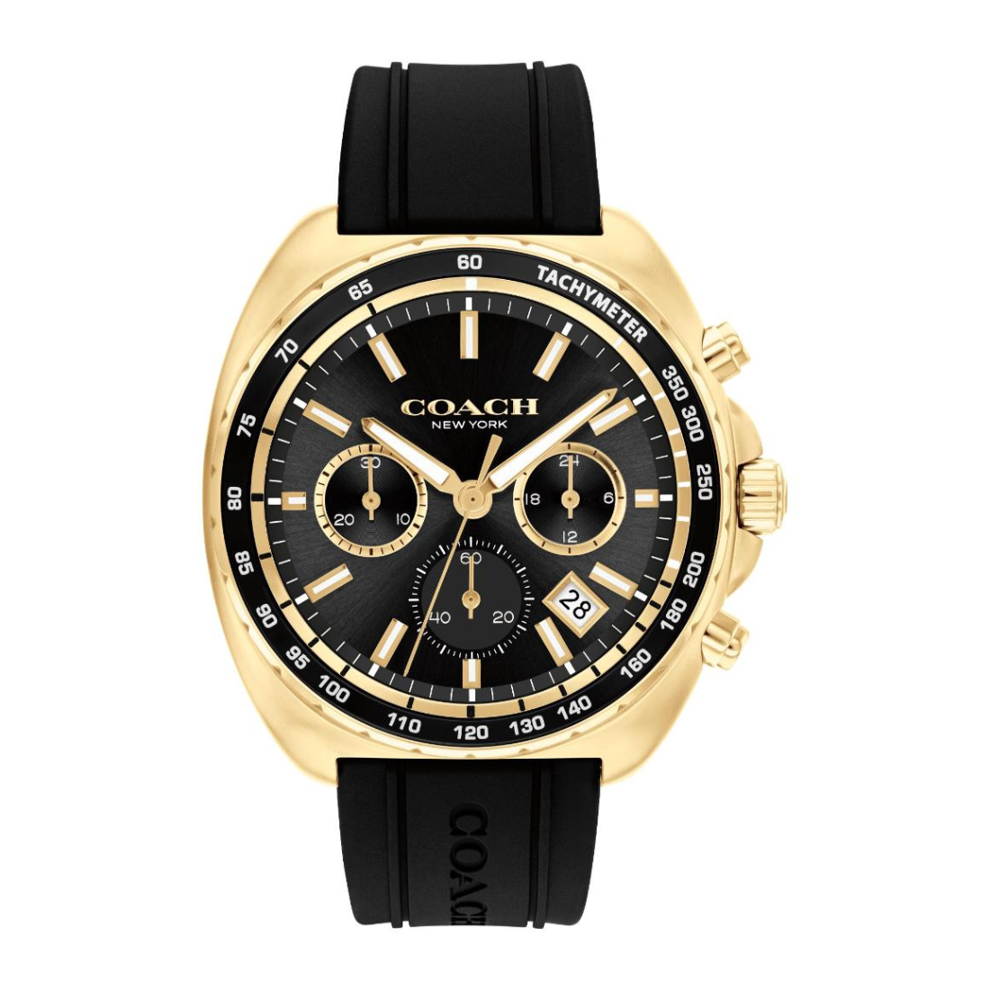 A Coach New York men's chronograph watch featuring a gold-tone case, black dial with gold accents, and a black rubber strap.