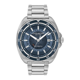 A Coach New York men's automatic watch featuring a silver stainless steel case and link bracelet, with a dark blue dial and a rotating silver tachymeter bezel.