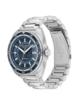 A Coach stainless steel automatic watch with a silver-tone metal link bracelet and a dark blue dial, shown on a plain white background.