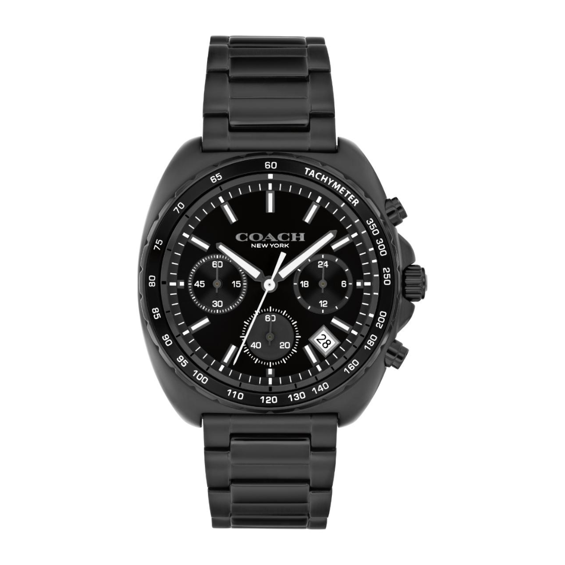 A Coach New York men's analog watch with a black stainless steel case, black dial, and black link bracelet, featuring white hands and a tachymeter bezel.