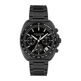 A Coach New York men's analog watch with a black stainless steel case, black dial, and black link bracelet, featuring white hands and a tachymeter bezel.