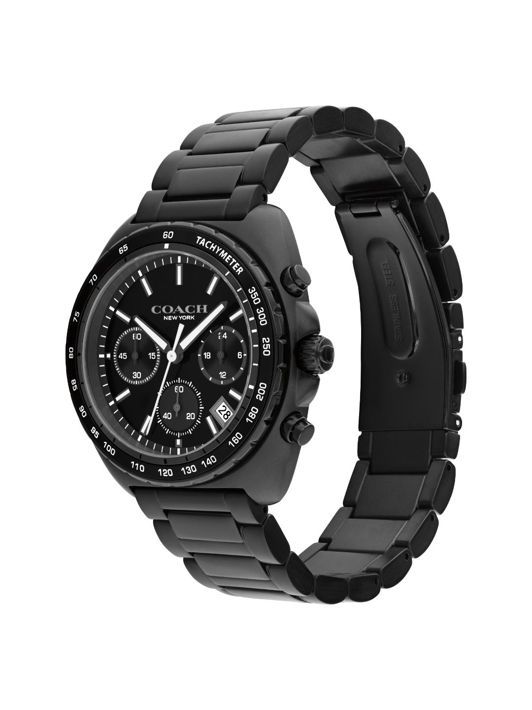 A Coach black stainless steel chronograph watch with a matching black link bracelet, shown on a plain white background.