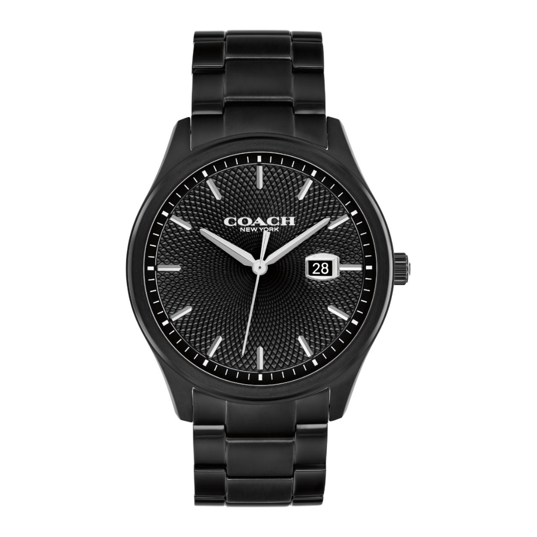 A Coach New York men's analog watch with a black metal case and link bracelet, featuring a textured black dial with silver-tone hands and a date window at 3 o'clock.