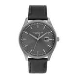 A Coach New York wristwatch with a textured dark gray dial, silver-tone case, and a black leather strap, shown against a plain white background.