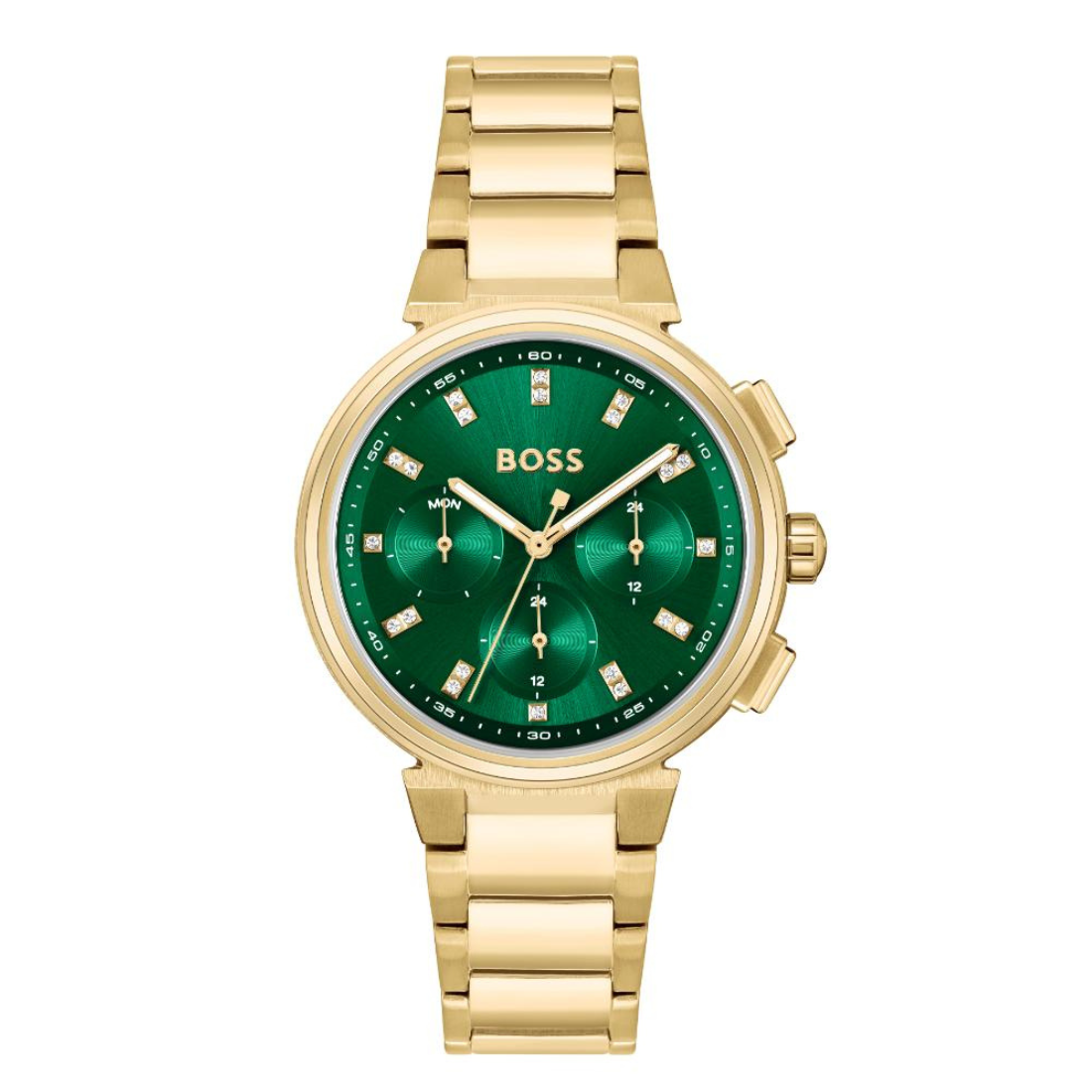 A gold-tone BOSS watch with a green dial and matching green sub-dials, featuring a gold-tone metal link bracelet and crystal hour markers.