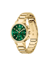 A gold-tone stainless steel watch with a green dial and green chronograph sub-dials, featuring the BOSS logo on the face, set against a plain white background.