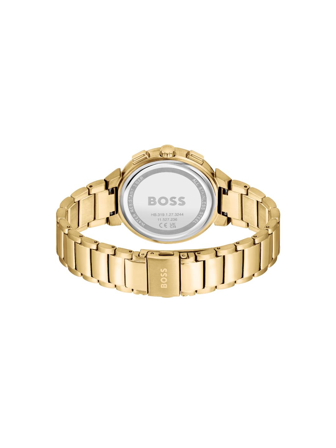 Gold-tone BOSS watch with a metal link bracelet, shown from the back on a clean white background.