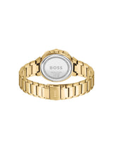 Gold-tone BOSS watch with a metal link bracelet, shown from the back on a clean white background.