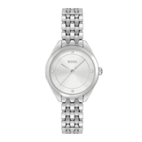 A silver BOSS women's analog watch with a matching stainless steel link bracelet, featuring a silver dial and bezel on a plain white background.