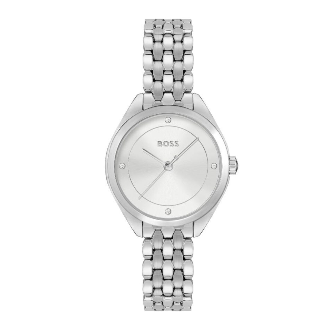 A silver BOSS women's analog watch with a matching stainless steel link bracelet, featuring a silver dial and bezel on a plain white background.