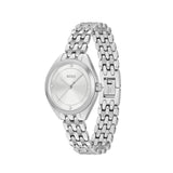 A silver-tone stainless steel analog watch by Hugo Boss with a matching link bracelet, shown on a plain white background.