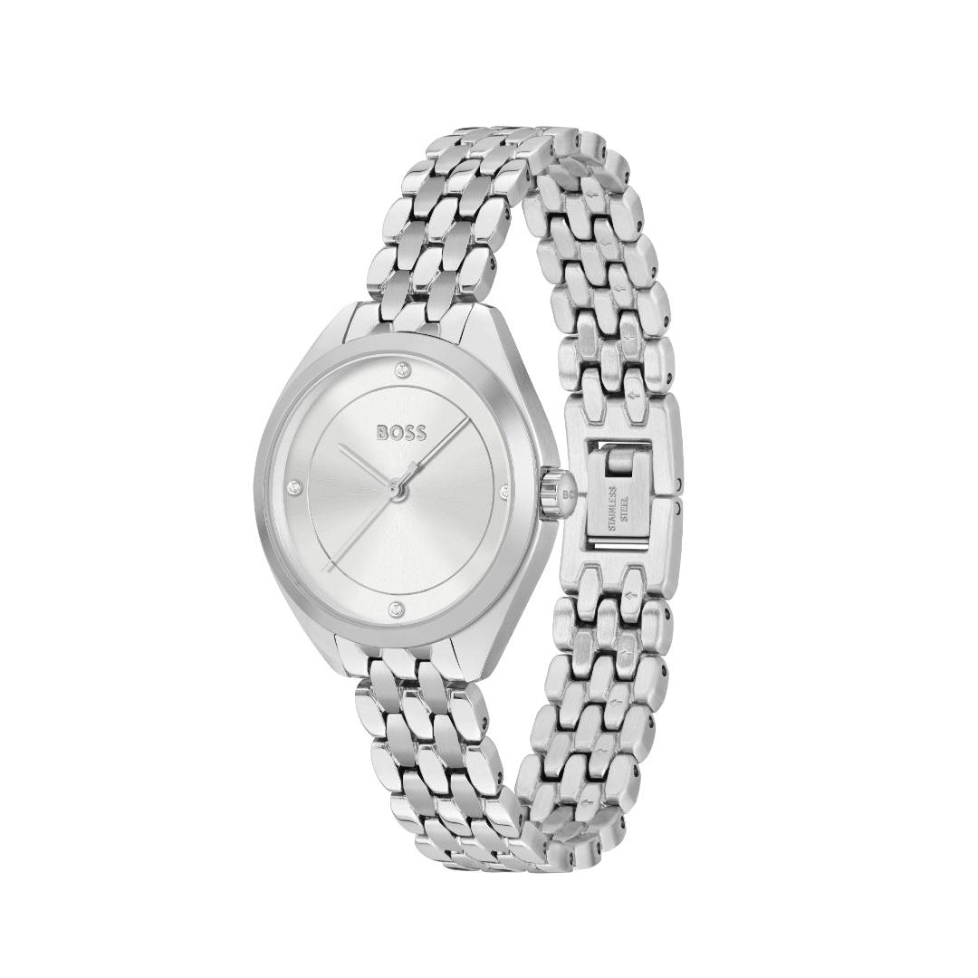 A silver-tone stainless steel analog watch by Hugo Boss with a matching link bracelet, shown on a plain white background.