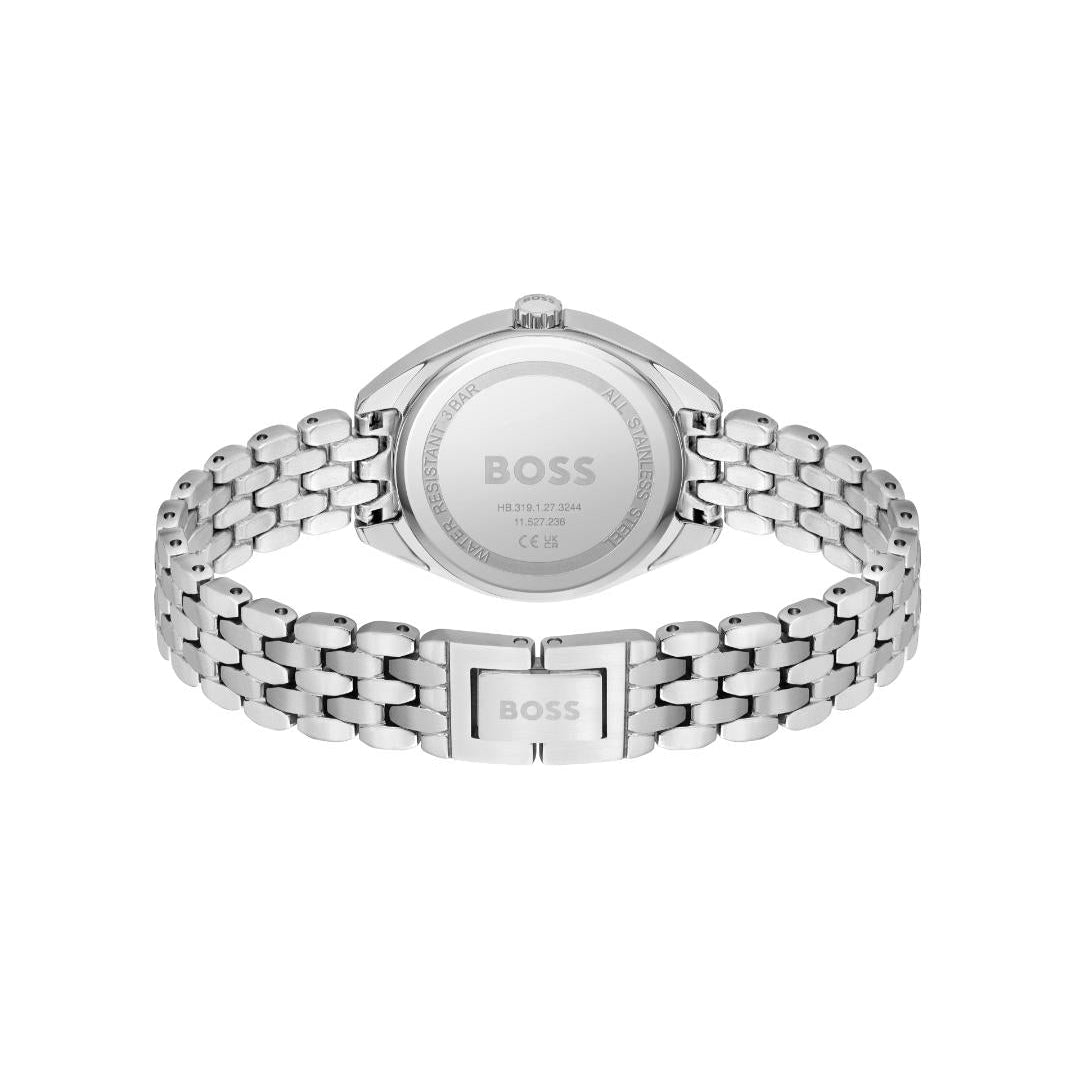 Silver BOSS watch with a stainless steel link bracelet, shown from the back on a white background.