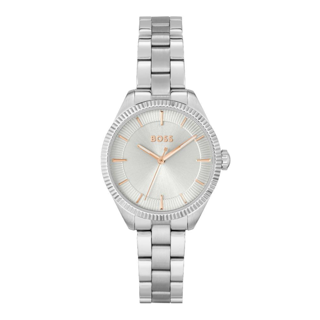 A Hugo Boss women's analog watch with a silver-tone metal link bracelet, a fluted silver bezel, and a white dial with rose gold-tone hands and hour markers.