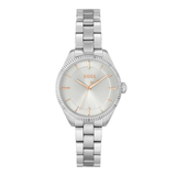 A Hugo Boss women's analog watch with a silver-tone metal link bracelet, a fluted silver bezel, and a white dial with rose gold-tone hands and hour markers.