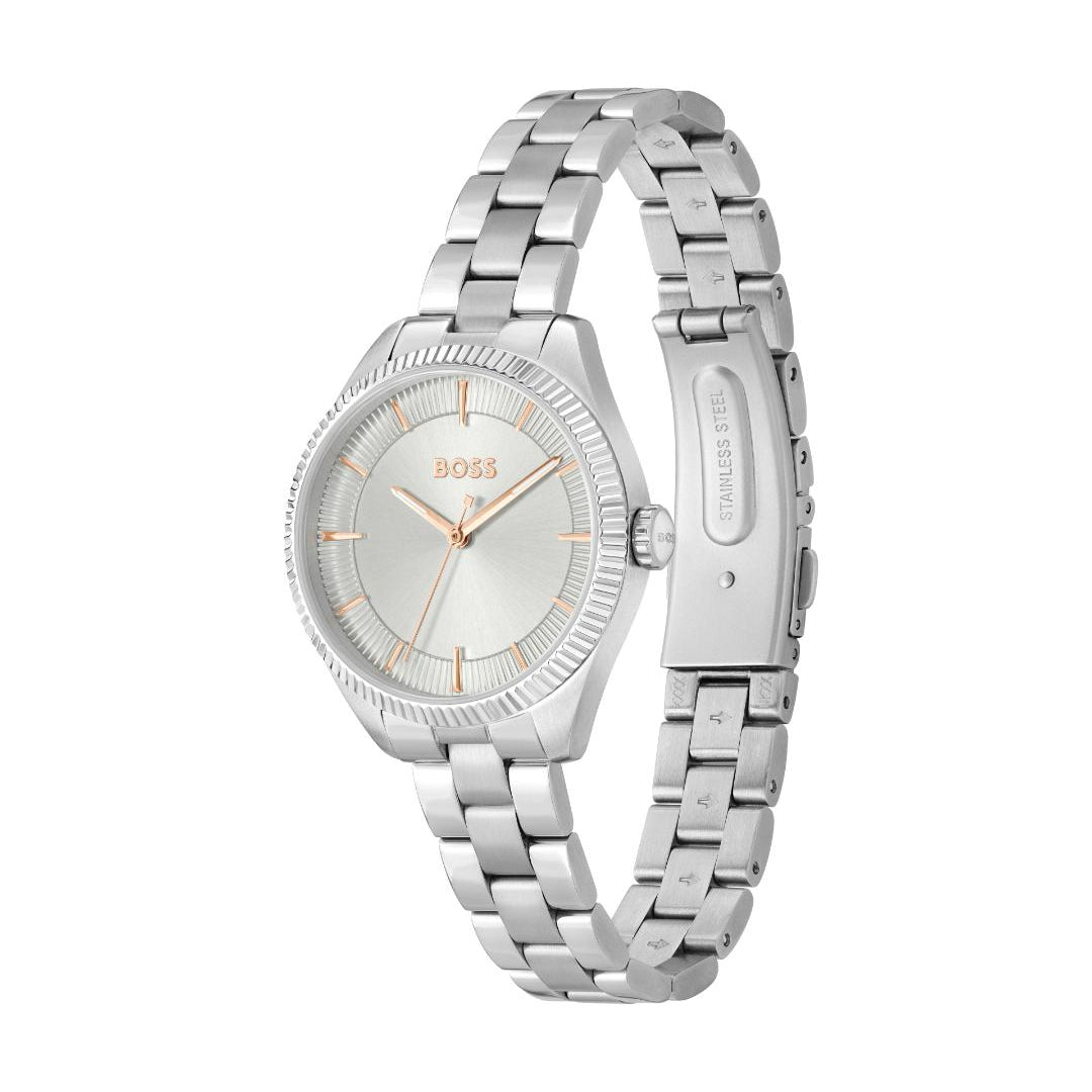 A silver-tone stainless steel watch with a matching link bracelet, featuring a silver dial and rose gold-tone hands and index markers. The BOSS logo is visible on the dial.