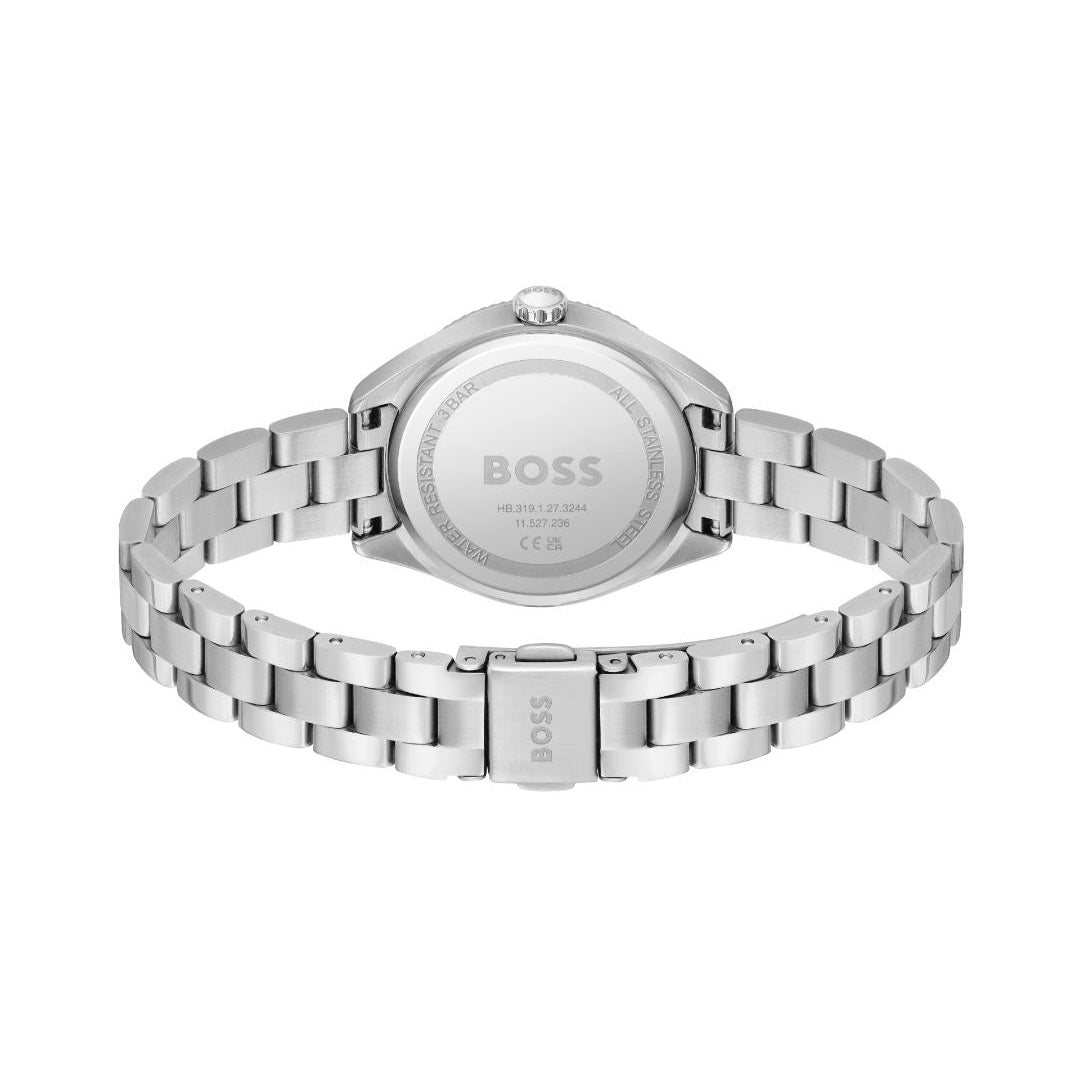 Silver stainless steel women's watch with a metal link bracelet, shown from the back with the BOSS logo engraved on the case and bracelet clasp, on a white background.