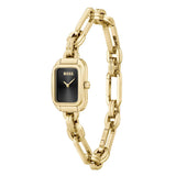 A gold-tone BOSS watch with a rectangular black dial and a matching gold-tone chain bracelet, shown on a plain white background.