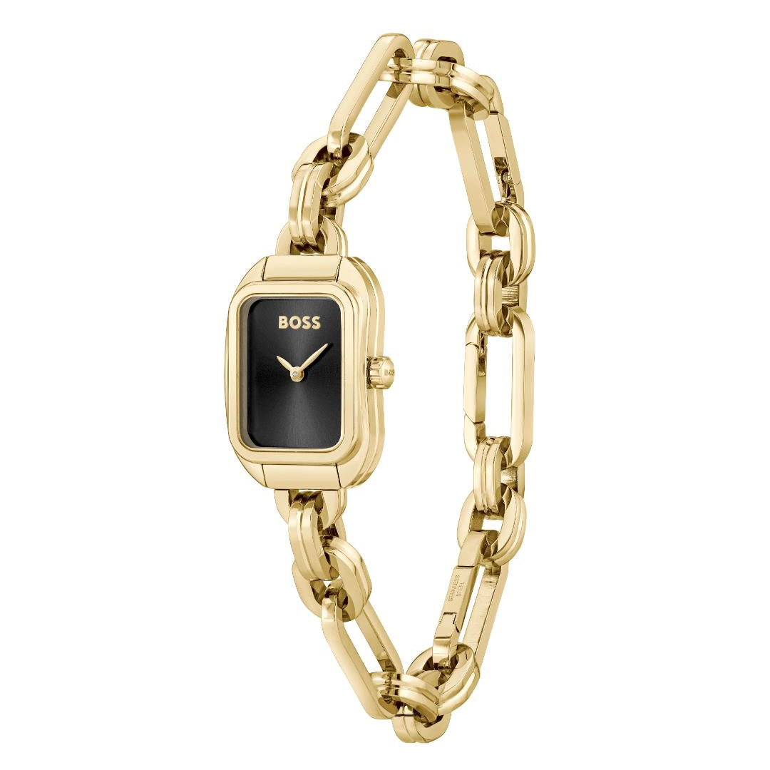 A gold-tone BOSS watch with a rectangular black dial and a matching gold-tone chain bracelet, shown on a plain white background.