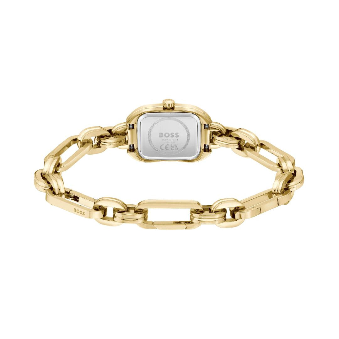 Gold-tone watch band with a rectangular silver-toned case back, shown on a plain white background. The brand name ROSS is visible on the center of the case back.