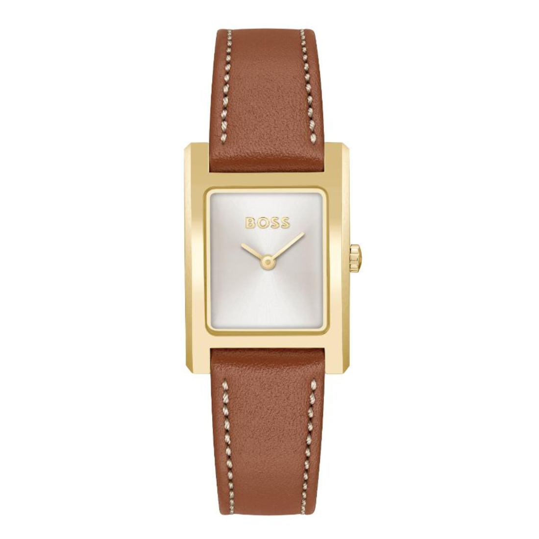A Hugo Boss women's watch featuring a rectangular gold-tone case, a white dial with gold hands, and a brown leather strap with white contrast stitching.