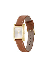 A Hugo Boss women's watch featuring a brown leather strap, a gold-tone rectangular case, and a white dial with gold hands.