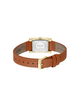 The back view of a Hugo Boss wristwatch with a brown leather strap and a gold-tone case, showing the silver-toned metal case back with the BOSS logo.