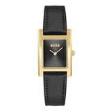 A Hugo Boss women's watch featuring a rectangular gold-tone case, a black dial with gold hands and logo, and a black leather strap, shown against a plain white background.