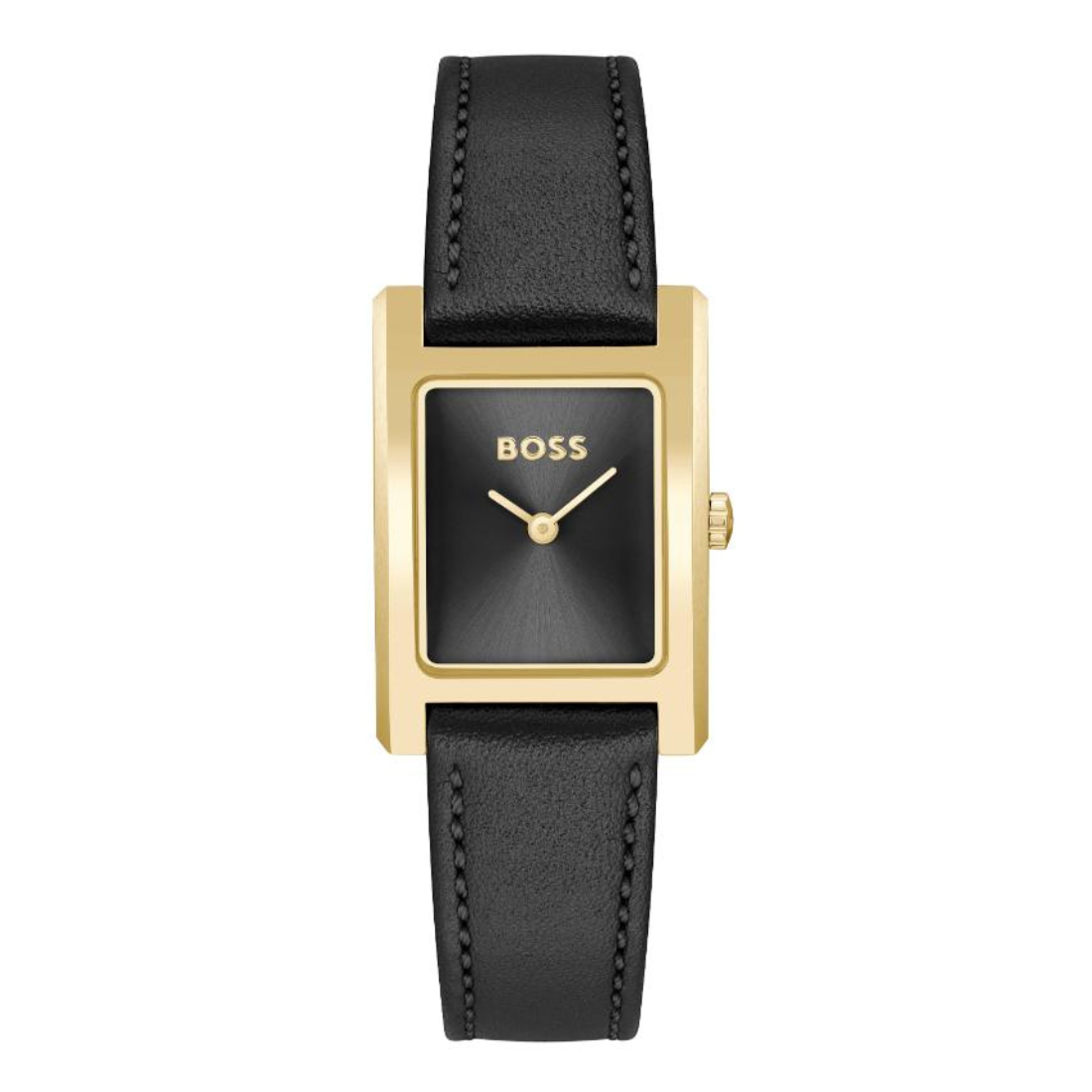 A Hugo Boss women's watch featuring a rectangular gold-tone case, a black dial with gold hands and logo, and a black leather strap, shown against a plain white background.