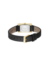 A BOSS women's watch with a black leather strap, gold-tone case, and silver-tone dial, shown from the back on a white background.