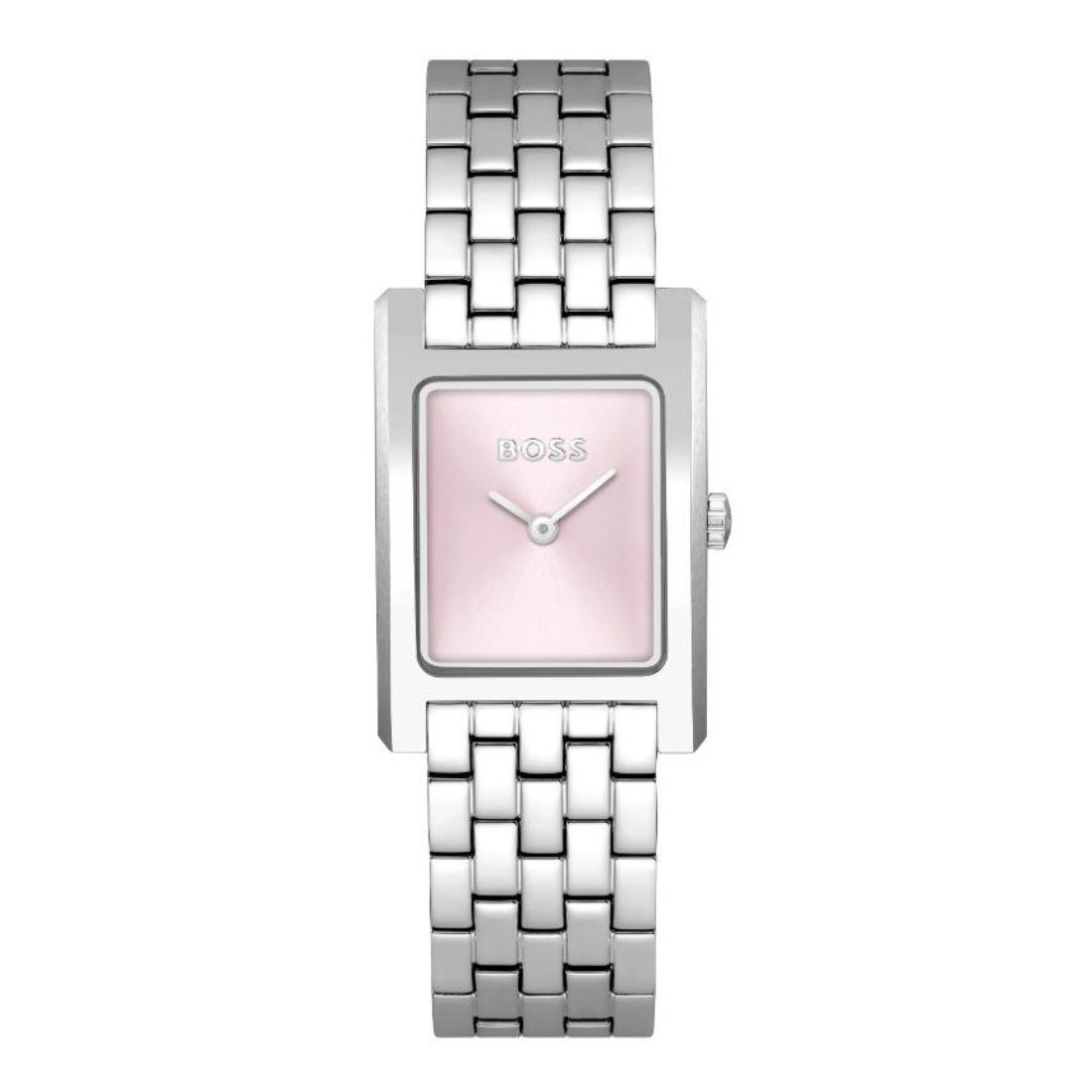 A Hugo Boss women's watch featuring a silver-toned stainless steel link bracelet and a square pink dial with silver hands.