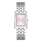 A Hugo Boss women's watch featuring a silver-toned stainless steel link bracelet and a square pink dial with silver hands.