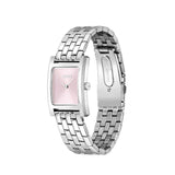 A Hugo Boss women's watch featuring a silver-toned stainless steel link bracelet, a rectangular silver case, and a light pink dial with matching pink hour markers.