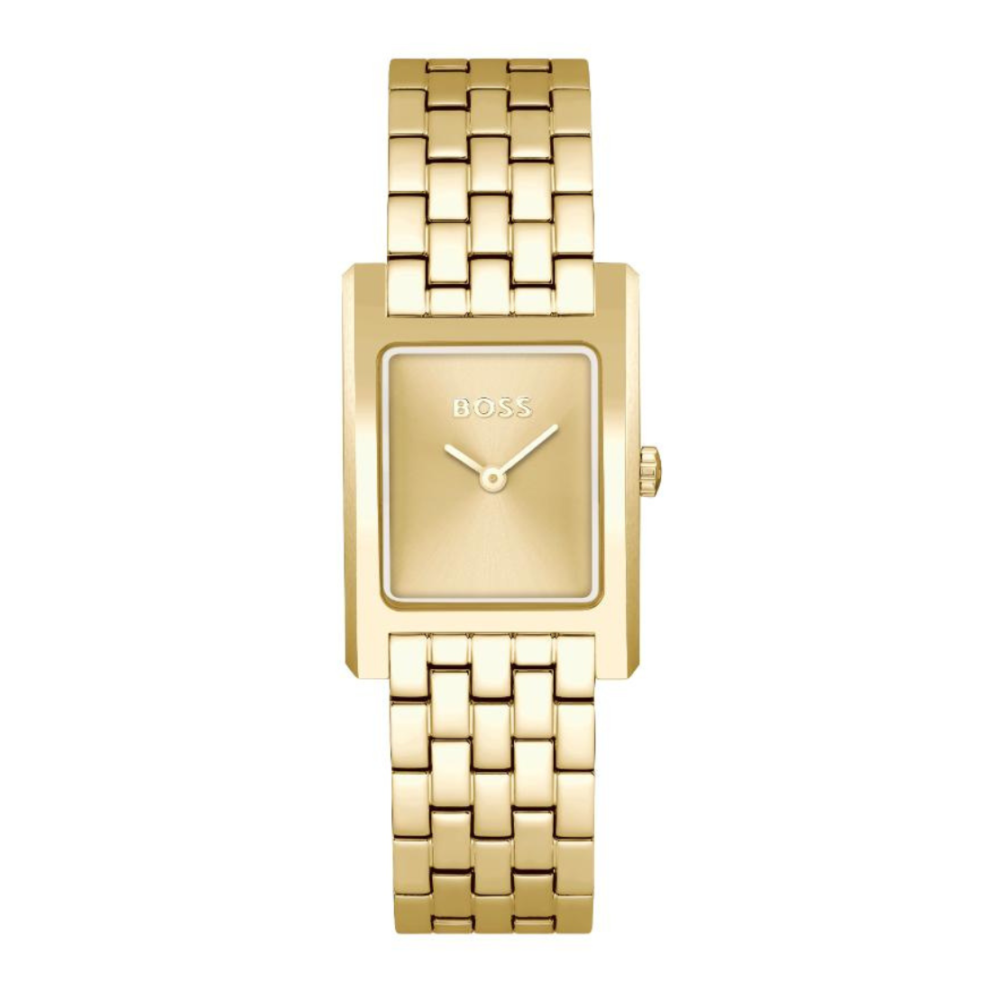 A gold-tone BOSS watch with a rectangular case and matching metal link bracelet, shown against a plain white background.