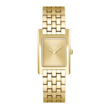 A gold-tone BOSS watch with a rectangular case and matching metal link bracelet, shown against a plain white background.