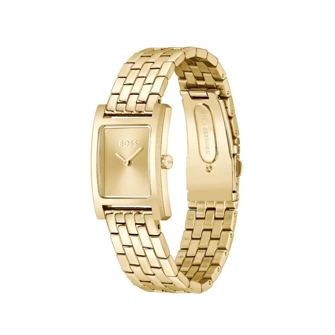 A gold-tone metal watch with a rectangular dial and a matching metal link bracelet, shown on a plain white background.