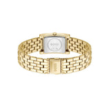 Gold-tone BOSS watch with a rectangular case and matching metal link bracelet, shown from the back on a plain white background.