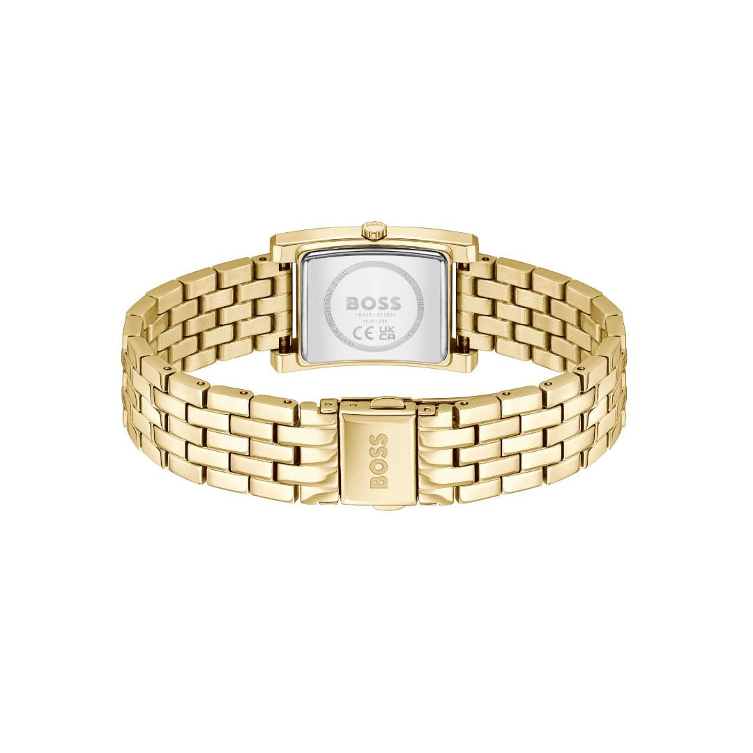 Gold-tone BOSS watch with a rectangular case and matching metal link bracelet, shown from the back on a plain white background.