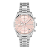 Hugo Boss silver stainless steel chronograph watch with a light pink dial and matching pink sub-dials, shown on a solid white background.