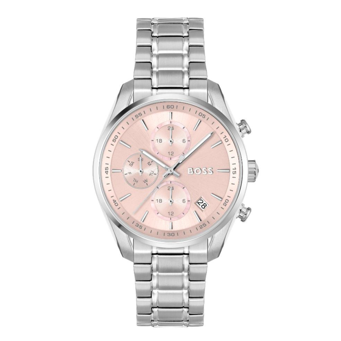 Hugo Boss silver stainless steel chronograph watch with a light pink dial and matching pink sub-dials, shown on a solid white background.