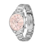 A Hugo Boss analog watch with a silver stainless steel link bracelet, a silver case, and a light pink dial with three subdials.
