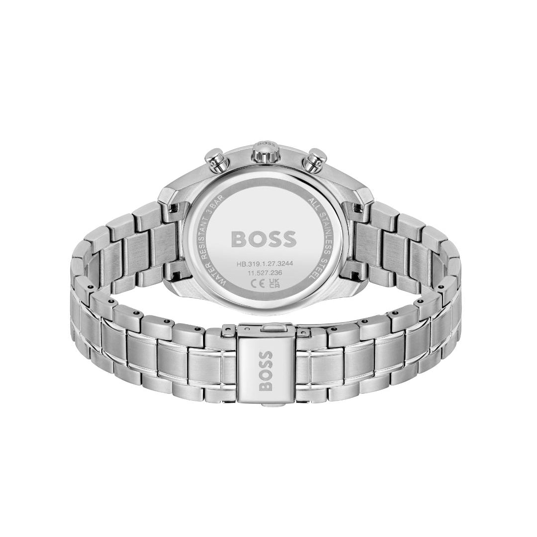 Silver watch with 'BOSS' branding on a white background