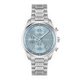 A BOSS men's stainless steel watch with a light blue dial and matching blue sub-dials, featuring a silver link bracelet and chronograph pushers.